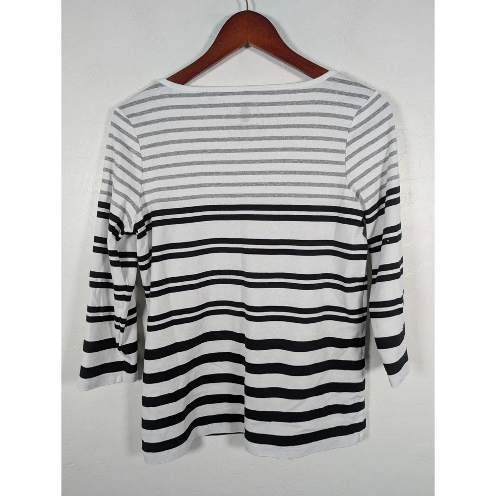 Tommy Bahama Top Women's Large Black White Striped‎ 3/4 Sleeve Casual Stretch
